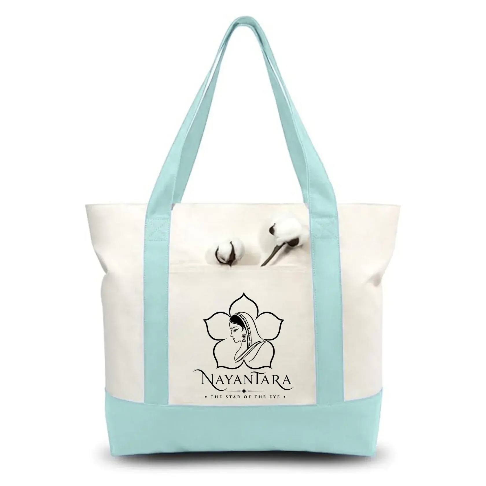 Sky Blue and Beige Large Canvas Tote Bag | 19" x 15" x 6"
