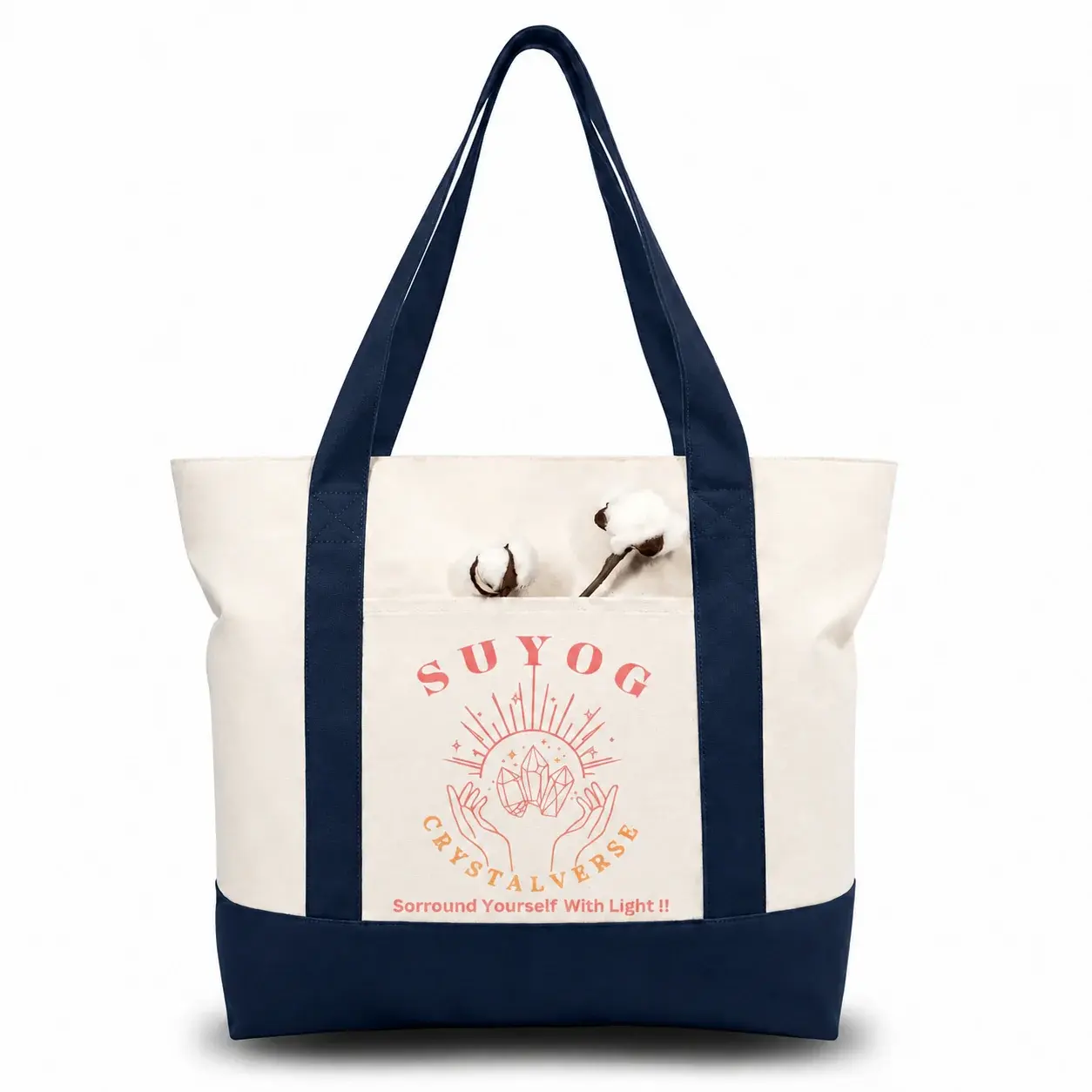 Navy Blue and Beige Large Canvas Tote Bag | 19" x 15" x 6"