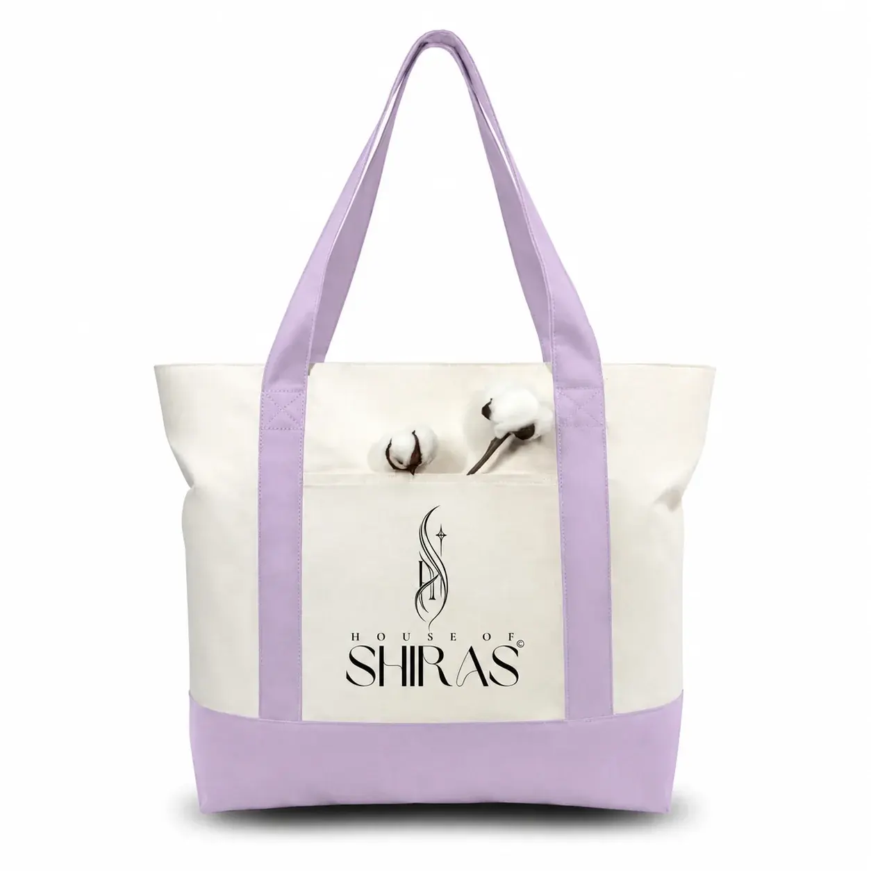 Purple and Beige Large Canvas Tote Bag | 19" x 15" x 6"